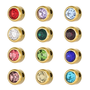 Set of 12 gold-plated stainless steel round beads with colorful rhinestones for DIY jewelry