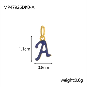 Detail of blue enamel letter A pendant in 18K gold plated steel with dimensions 1.1x0.8cm
