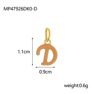 Macro view of 18K gold plated letter D enamel pendant with size and weight detail