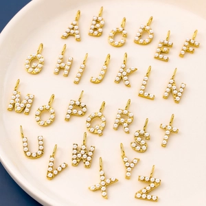 26 gold-plated stainless steel letter pendants with pearls for DIY necklace jewelry