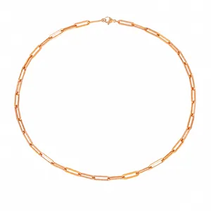 Minimalist long rectangle link chain necklace in rose gold stainless steel finish