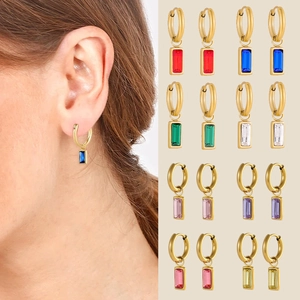 Edelstahl Bunte Strass Rechteckige Anhänger Ohrringe Für Damen Vergoldet Geometrische Mode Schmuck