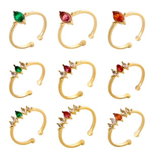 Vintage Stainless Steel Gold Plated Marquise Cut Rhinestone Open Adjustable Ring Retro Geometric Hammered Band Jewelry