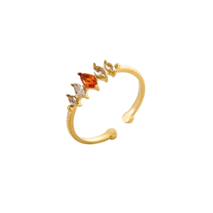 Gold plated stainless steel open ring with marquise orange and white cubic zirconia