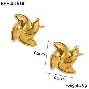 Detailed macro view of 18K gold plated windmill stud earrings with size and weight info