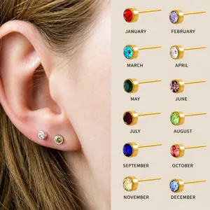 Orecchini a Bottone in Acciaio Inossidabile Tondi con Strass per Donna 12 Colori Pietra Portafortuna Piccoli Gioielli