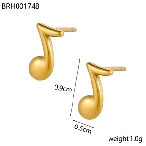 Macro view of 18K gold plated stainless steel musical note stud earrings with dimensions