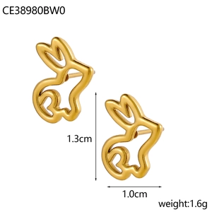 Detailed view of hollow gold rabbit stud earrings with size and weight dimensions
