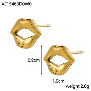Lip-shaped gold earrings measuring 0.9cm by 1.0cm with 18K gold plated polished finish