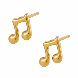 18K gold plated stainless steel music note stud earrings on a clean white background