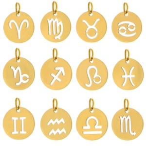 Set di 12 ciondoli zodiacali in acciaio inossidabile placcato oro con simboli traforati