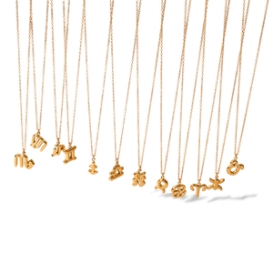 Set of 12 zodiac pendant necklaces in 18K gold plated stainless steel on white background