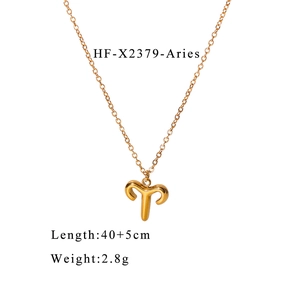 Detailed specs for gold Aries pendant necklace showing 40+5cm length and 2.8g weight