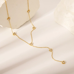 Classic 18K gold plated heart zirconia Y-lazo necklace in stainless steel