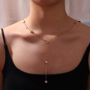 18K Gold Plated Titanium Steel Y-Shaped Heart Pendant Necklace For Women Waterproof Anti-Fade Rhinestone Tassel Necklace Jewelry