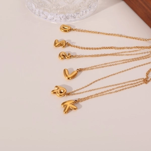 Golden 18K stainless steel chunky puffy letter initial pendant necklace for women