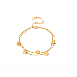 Double-layered gold stainless steel star bracelet with PVD plating and five-pointed charms