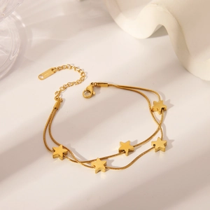 Double-layer gold plated snake chain bracelet featuring five frosted star pendants for women