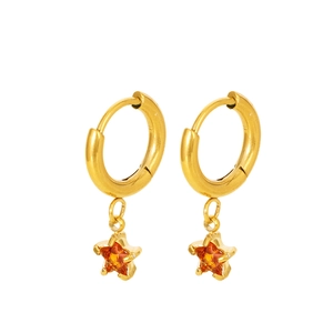 Detailed view of 18K gold plated hoop earrings with orange star-shaped glass pendants