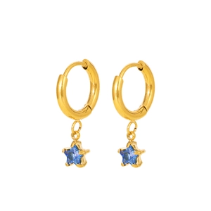 Close-up of 18K gold-plated hoop earrings with blue crystal star pendants on white background