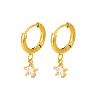 Close-up of 18K gold plated hoop earrings featuring a sparkling clear star pendant