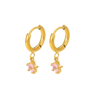 Detail of 18K gold plated hoop earrings featuring pink star-shaped glass pendants