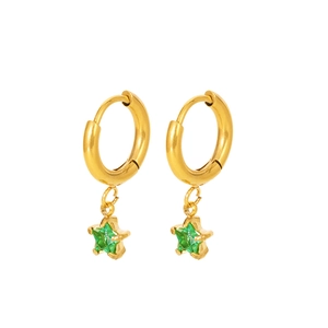 Close-up of gold plated hoop earrings with green star-shaped multifaceted glass pendants