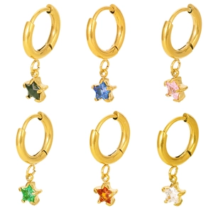 Set of six pairs of 18K gold-plated hoop earrings with colorful star zircon pendants
