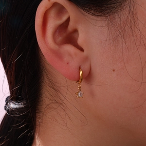 18K gold plated hoop earrings with star-shaped crystal pendant shown on a model