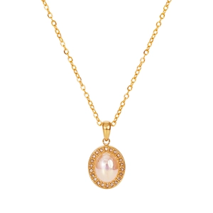 Vintage gold necklace with oval opal pendant and sparkling crystal halo for women