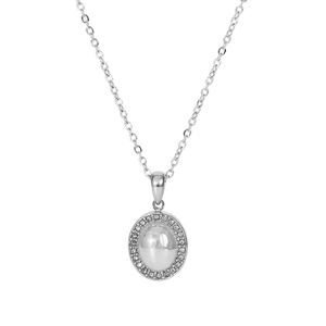 Detailed macro view of silver steel necklace with pearl and diamond halo pendant