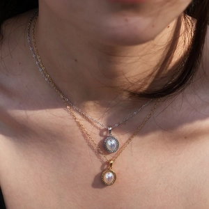 French vintage stainless steel necklace with oval opal pendant and zircon halo setting