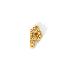 Close-up of a 18K gold plated letter P pendant with sparkling cubic zirconia stones