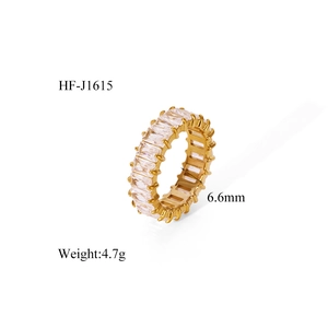Detailed view of 6.6mm 18k gold eternity ring with rectangular baguette cubic zirconia