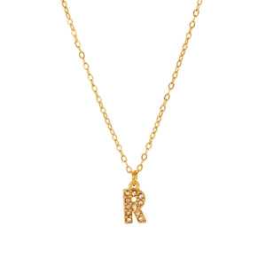 Vista dettagliata della collana con ciondolo lettera R placcata oro 18K e micro-pavé di diamanti