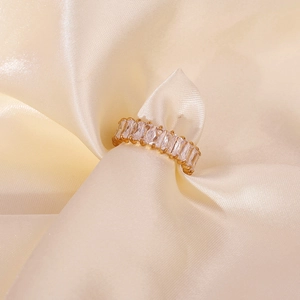 Close-up of 18k gold plated stainless steel ring with rectangular zircon pave setting