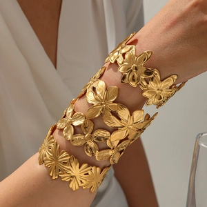Bohemian style 18K gold plated stainless steel wide cuff bracelet with 3D floral design