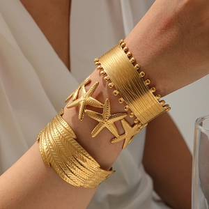 Vintage Edelstahl Breit Hohle Manschette Armreif Für Damen Gold Galvanisiert Ast Blatt Rose Seestern Feder Offene Armspange