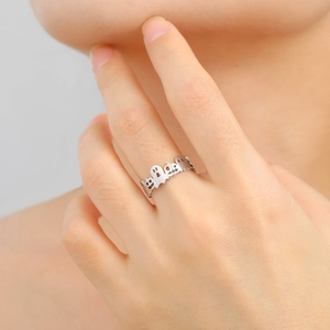 Minimalist Halloween pumpkin and ghost open ring in polished silver finish for women