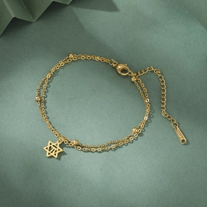 Bracelet Double Couche en Acier Inoxydable Pendentif Étoile de David Symbole Chai Bijoux Électroplaqués Cadeau Homme Femme