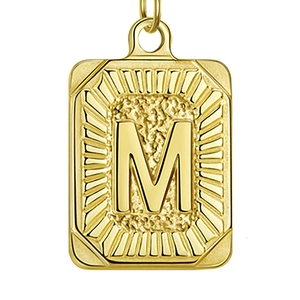 Gouden roestvrijstalen vierkante hanger met reliëfletter M en zonnestraaltextuur