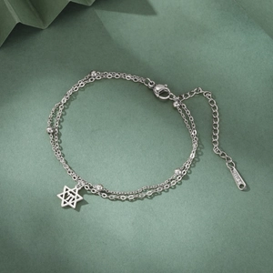 Bracelet double rang en acier inoxydable argenté avec pendentif étoile de David et petites perles