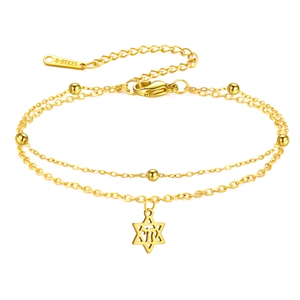 Bracelet de cheville double rang en acier doré avec étoile de l'hexagramme et breloque Chai