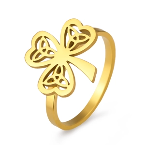 Eleganter 18K Gold Edelstahlring mit einem hohlen Kleeblatt und keltischem Knoten