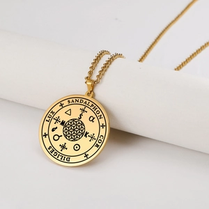 Collier en acier inoxydable doré avec pendentif Fleur de Vie et symboles gravés