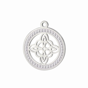 Silver stainless steel Celtic knot pendant with sparkling crystal halo border for necklaces