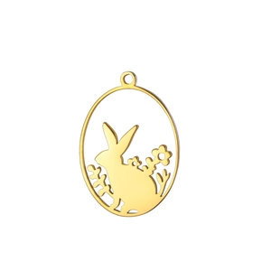 Golden oval stainless steel pendant with hollow bunny and flower motif for jewelry making