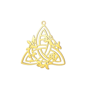 Golden Celtic Triquetra knot pendant with intricate openwork floral pattern design
