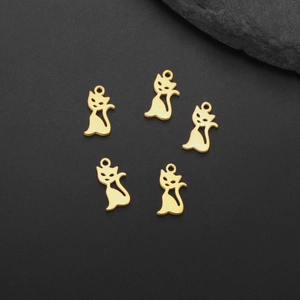 Set of five gold hollow cat-shaped stainless steel pendants for DIY jewelry making