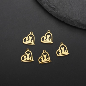 Five golden stainless steel heart-shaped cat pendants for DIY necklace making projects